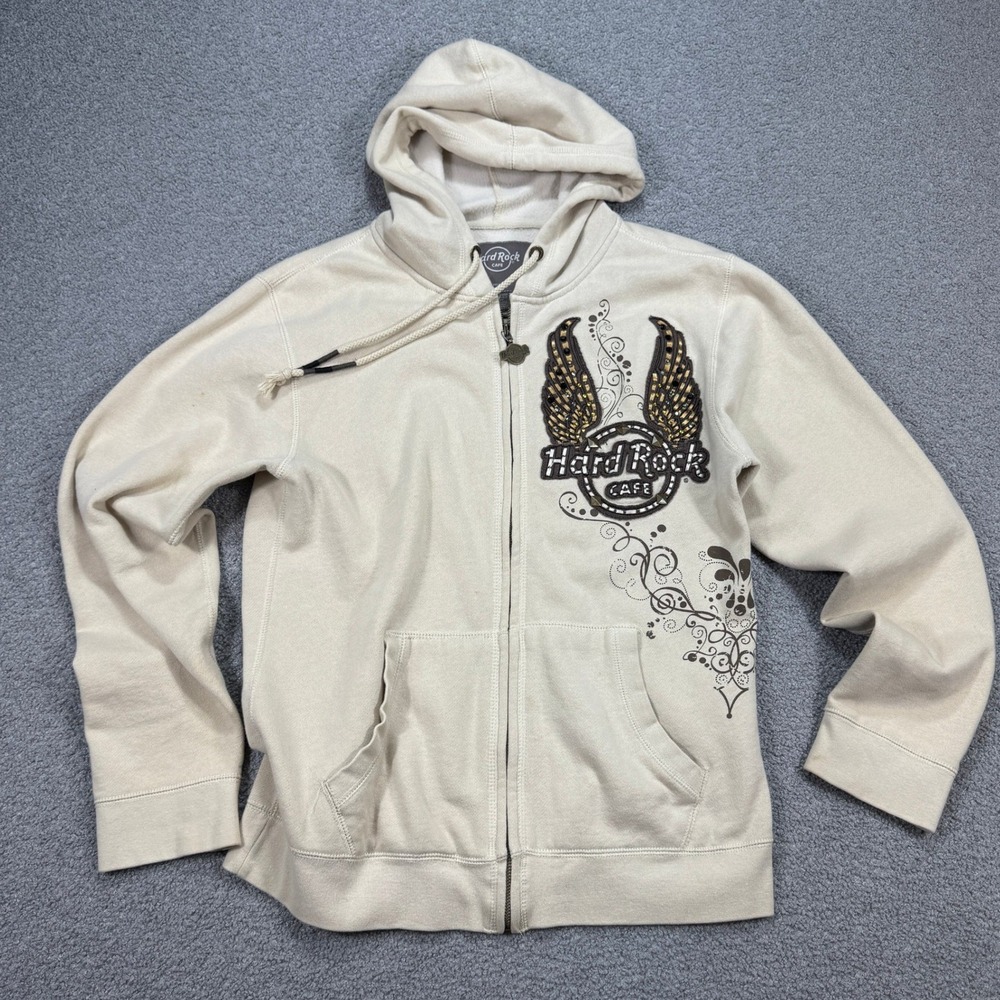 Y2K Hard Rock Cafe Hoodie Women's XL Beige Full Zip Wings Graphic Studded Grunge